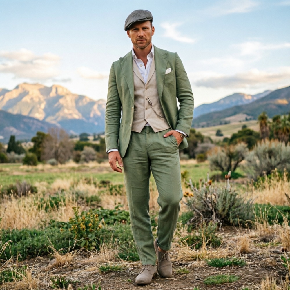 Men Linen Formal Wear - Completo da uomo in lino verde